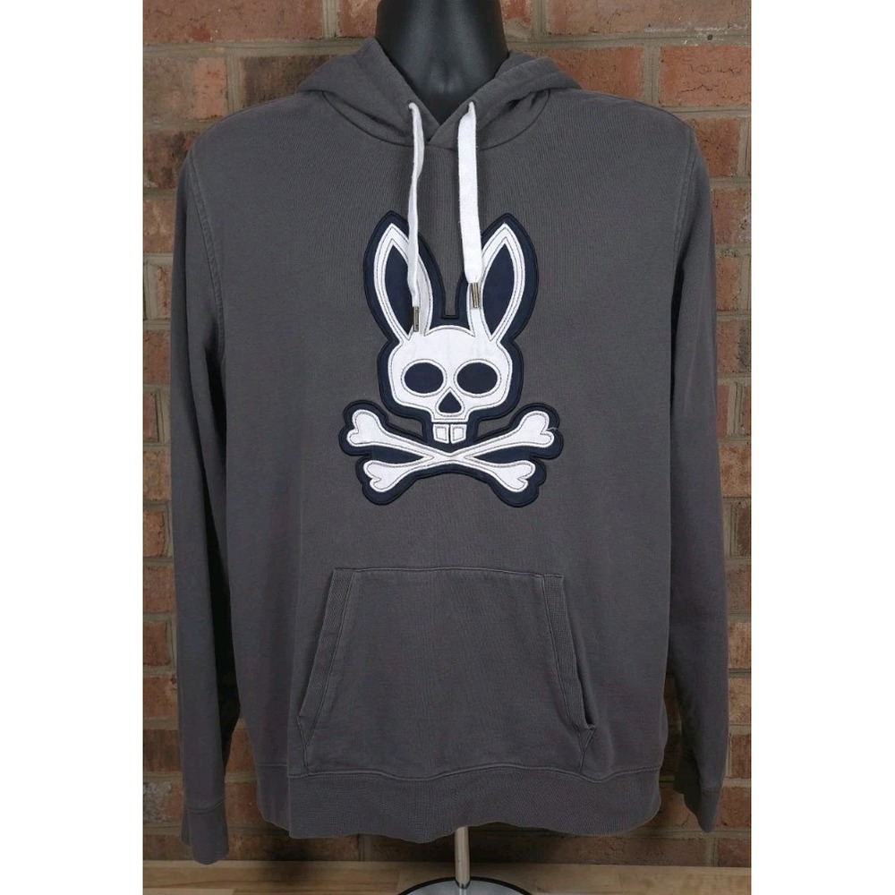 Psycho Bunny Hoodie Sweatshirt Mens Large Gray Pullover Embroidered Patch